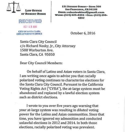Council Buries Threat of Voting Rights Lawsuit That Could Cost Santa Clara Millions and Overturn Upcoming Election Council Buries Threat of Voting Rights Lawsuit That Could Cost Santa Clara Millions and Overturn Upcoming Election